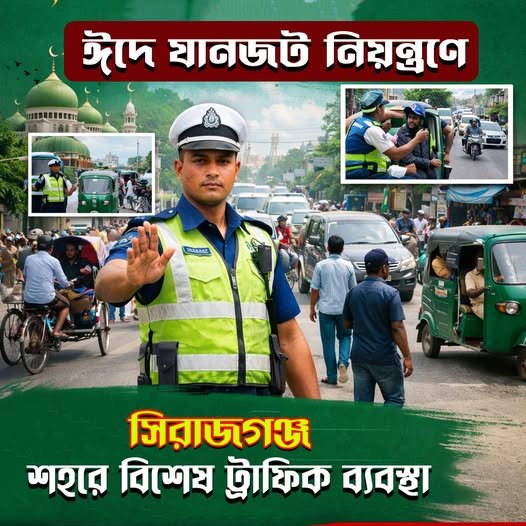ঈদে যানজট নিয়ন্ত্রণে সিরাজগঞ্জ শহরে বিশেষ ট্রাফিক ব্যবস্থা ঈদে যানজট নিয়ন্ত্রণে সিরাজগঞ্জ শহরে বিশেষ ট্রাফিক ব্যবস্থা
